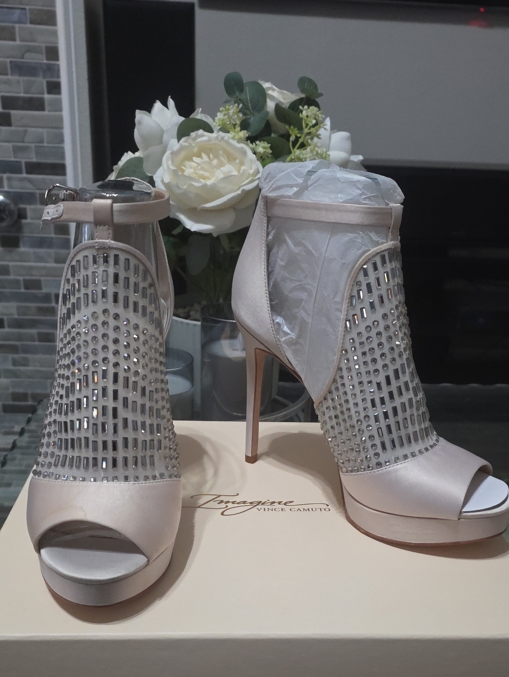 Vince Camuto Champagne Crystal Mesh Peep-Toe Ankle Strap Heels